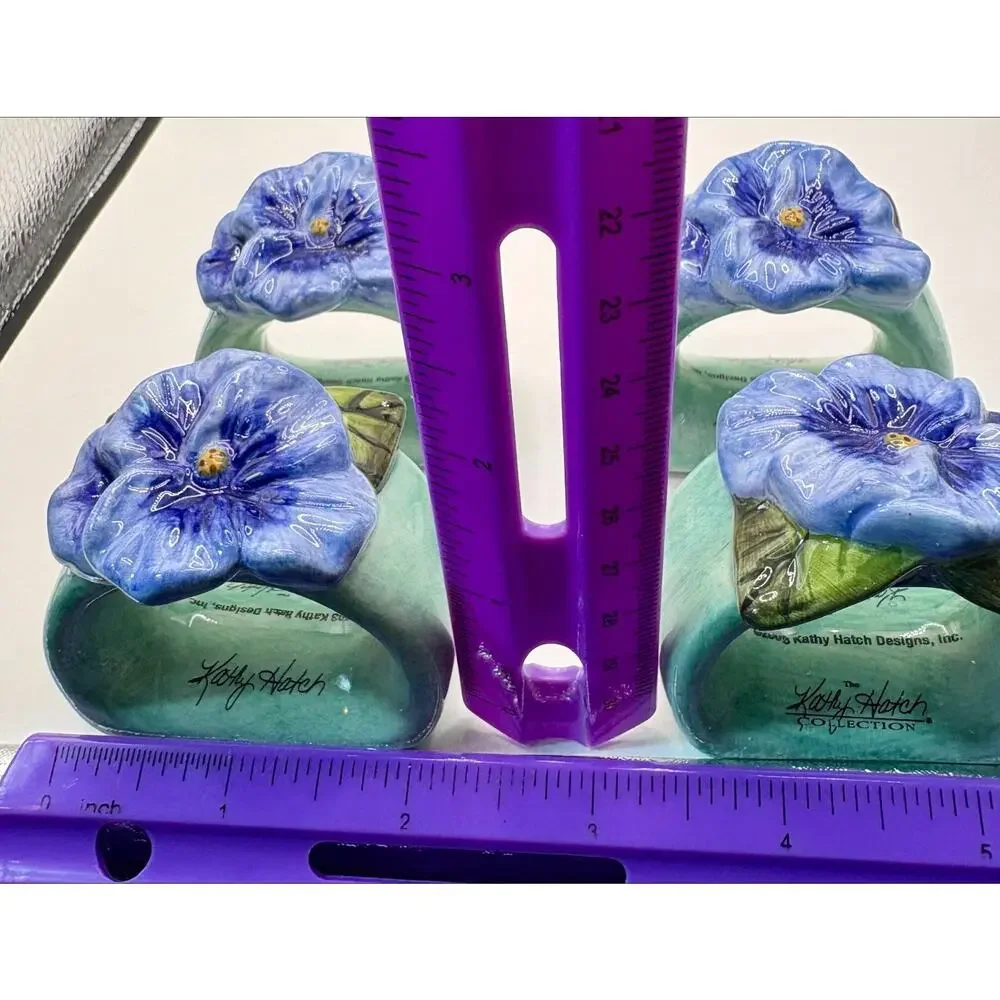 Vintage Pansy Napkin Rings By Kathy Hatch Set of 4 Ceramic/Porcelain 2003